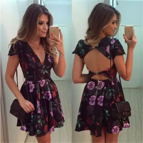 Backless Deep V-neck Flower Print Flared Short Dress