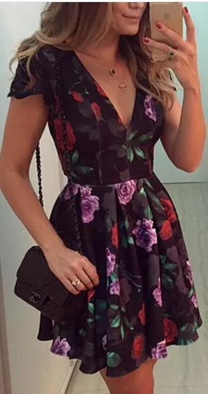 Backless Deep V-neck Flower Print Flared Short Dress