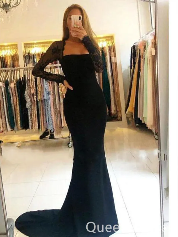 Black Long Sleeves Mermaid Appliques Straight Neck Evening Gown Maxi Long Evening Party Prom Dresses with Trailing,WGP1081