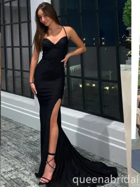 Black Spaghetti Straps Sweetheart Criss Cross Mermaid Evening Gown Maxi Long Evening Party Prom Dresses with Side Slit ,WGP1053