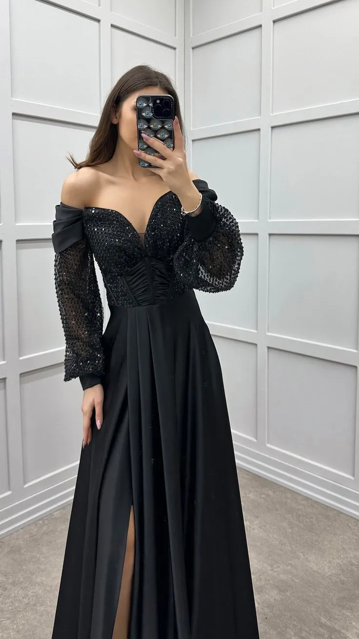 Black Sweetheart Long Sleeves A-line Long Prom Dresses to Impress with Slit ,WGP1362