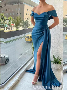 Blue Off Shoulder Mermaid Evening Gown Long Evening Party Prom Dresses with Slit,WGP1270