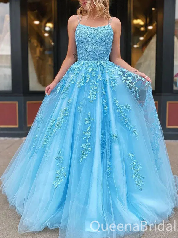 Blue Spaghetti Straps A-line Lace Appliques Long Prom Dresses to Impress ,WGP1346