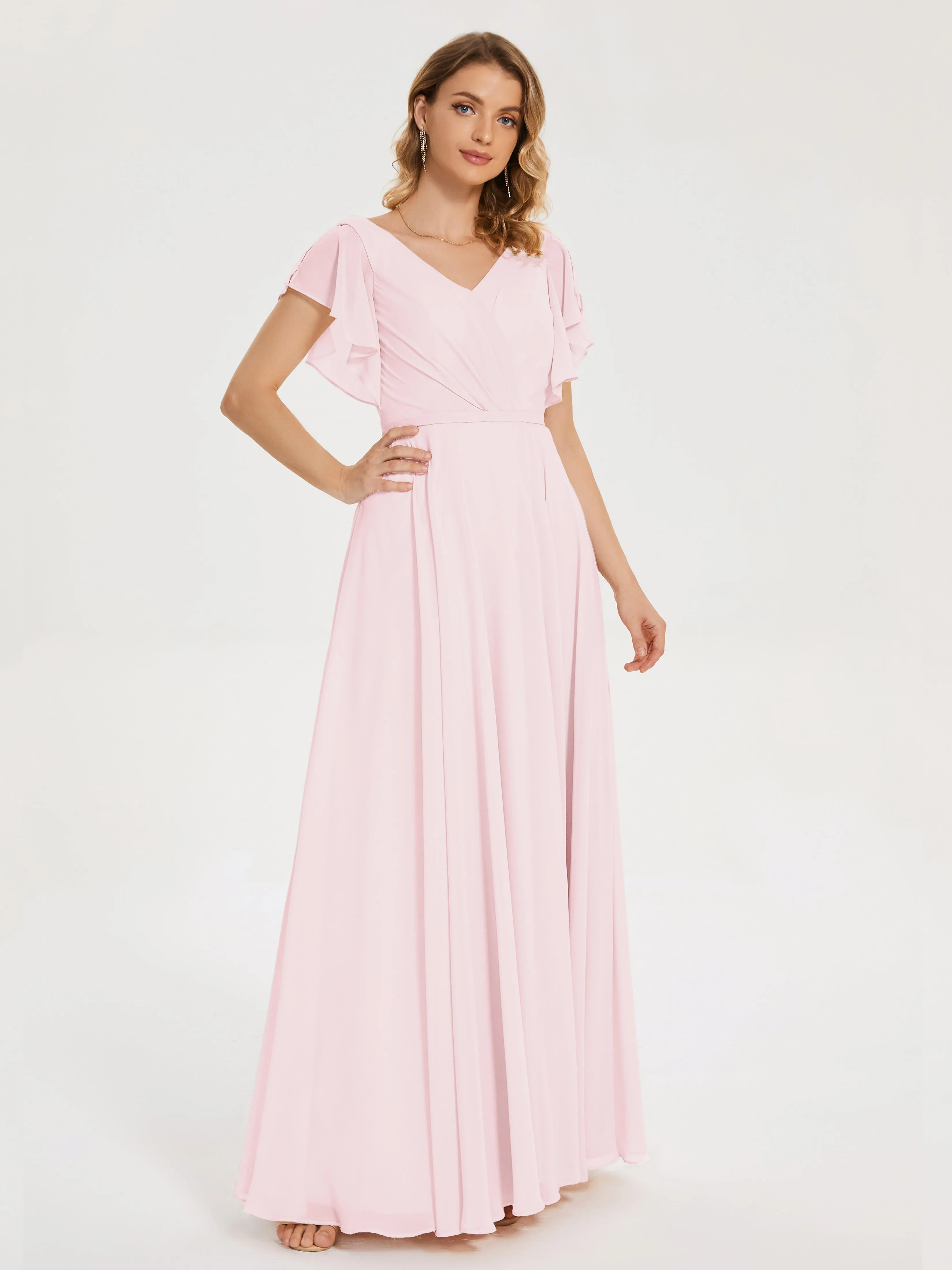 Blushing Pink Bridesmaid Dresses Kate Charming V Neck Split Chiffon Bridesmaid Dresses