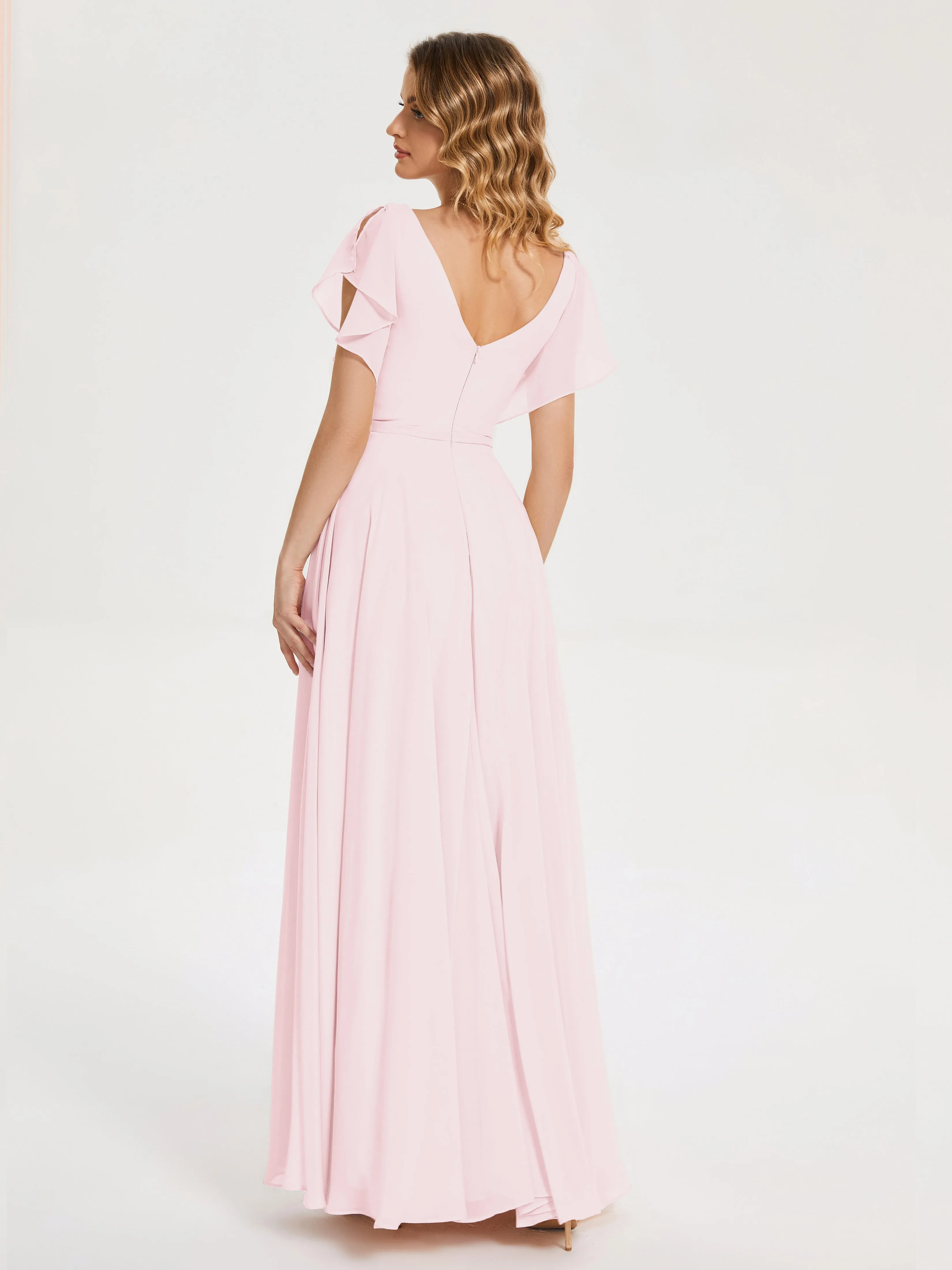 Blushing Pink Bridesmaid Dresses Kate Charming V Neck Split Chiffon Bridesmaid Dresses