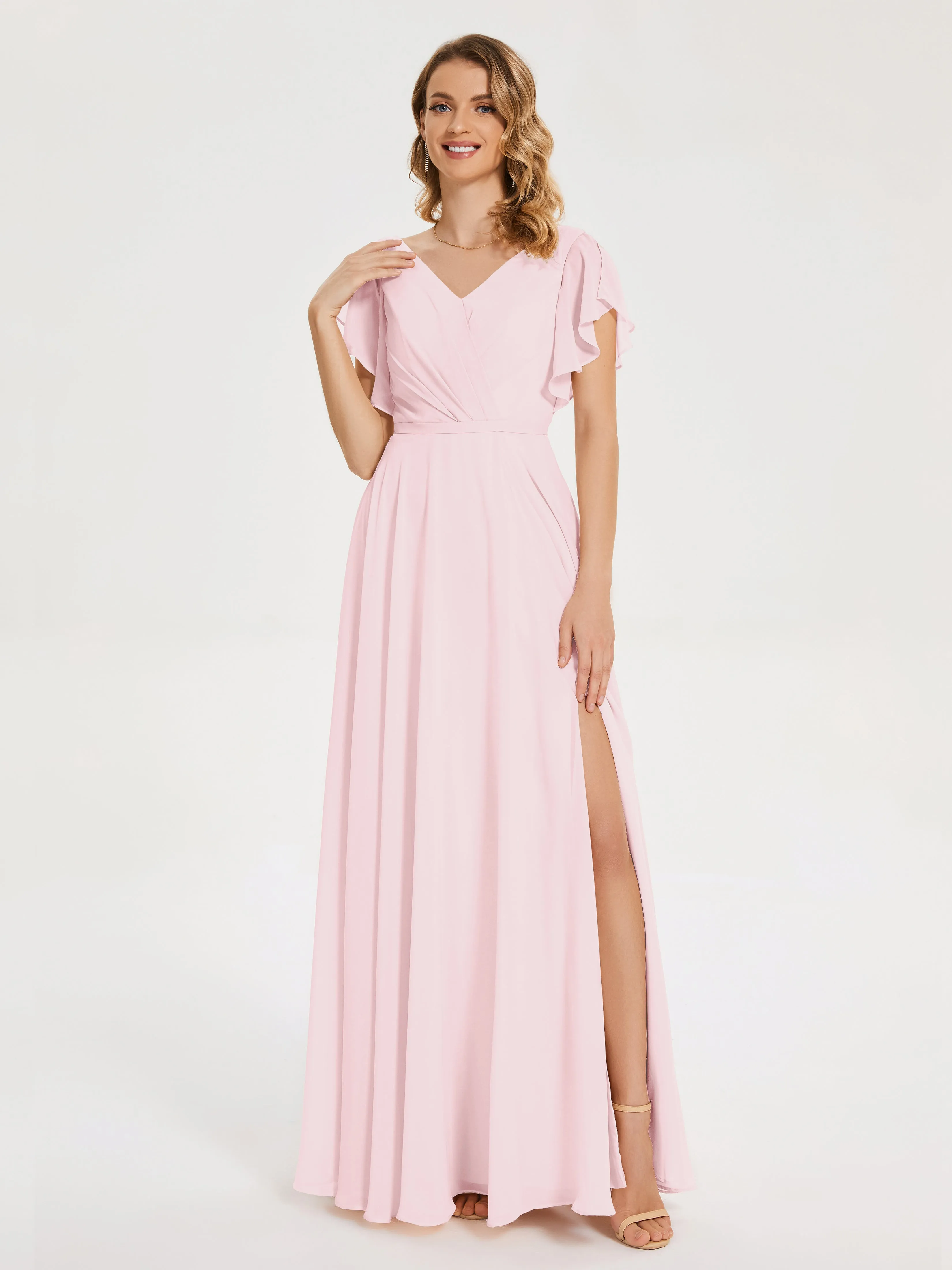 Blushing Pink Bridesmaid Dresses Kate Charming V Neck Split Chiffon Bridesmaid Dresses