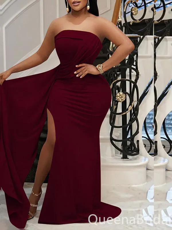 Burgundy Strapless Mermaid Evening Gown Maxi Long Evening Party Prom Dresses with Slit,WGP1203