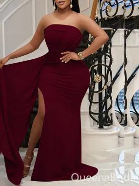 Burgundy Strapless Mermaid Evening Gown Maxi Long Evening Party Prom Dresses with Slit,WGP1203