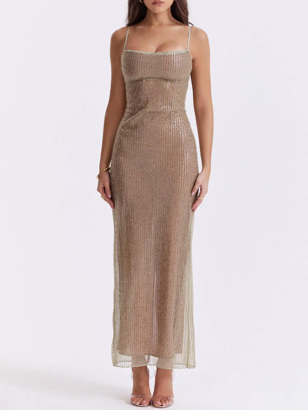 Cafe Au Lait Charming Beaded Maxi Dress