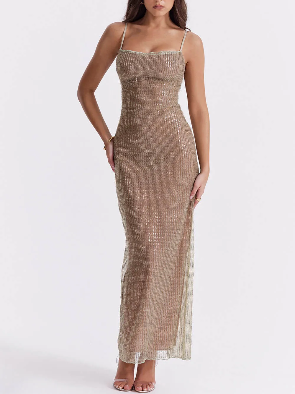 Cafe Au Lait Charming Beaded Maxi Dress