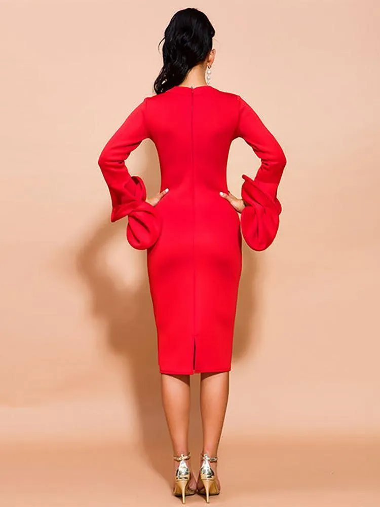 Charming Long Sleeve Midi Red Bodycon Party Dress