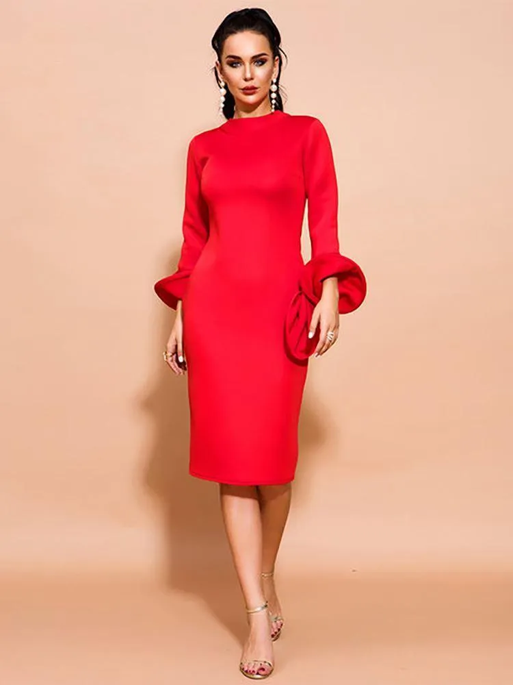 Charming Long Sleeve Midi Red Bodycon Party Dress