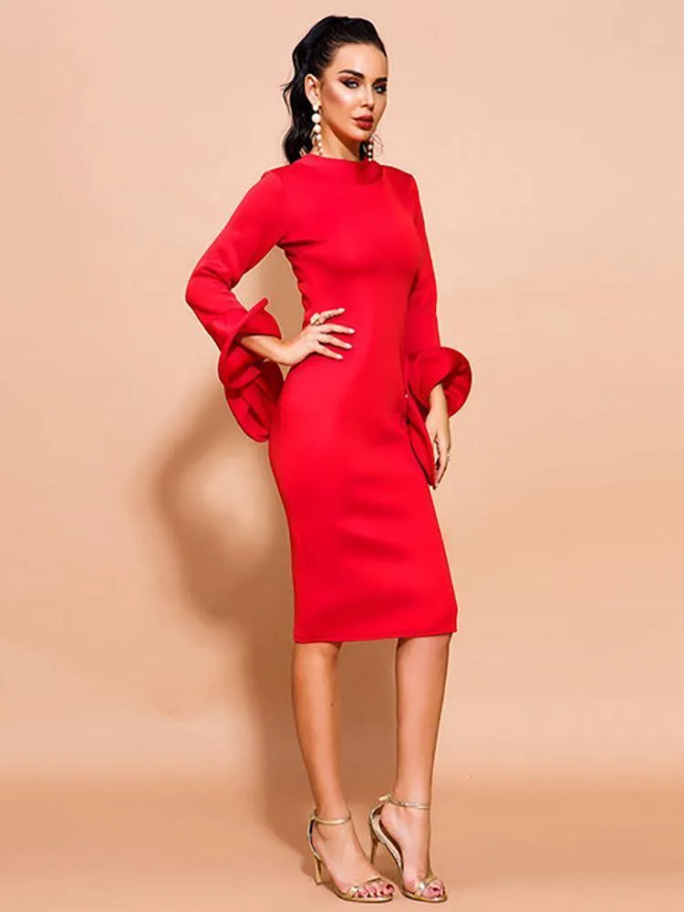 Charming Long Sleeve Midi Red Bodycon Party Dress