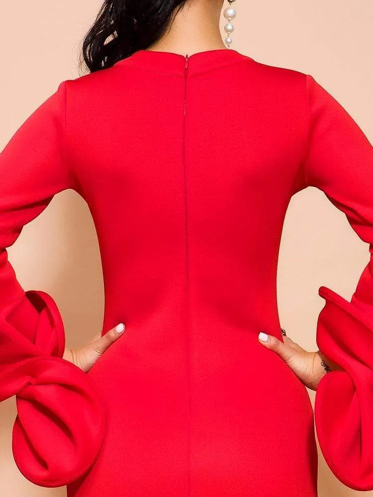 Charming Long Sleeve Midi Red Bodycon Party Dress