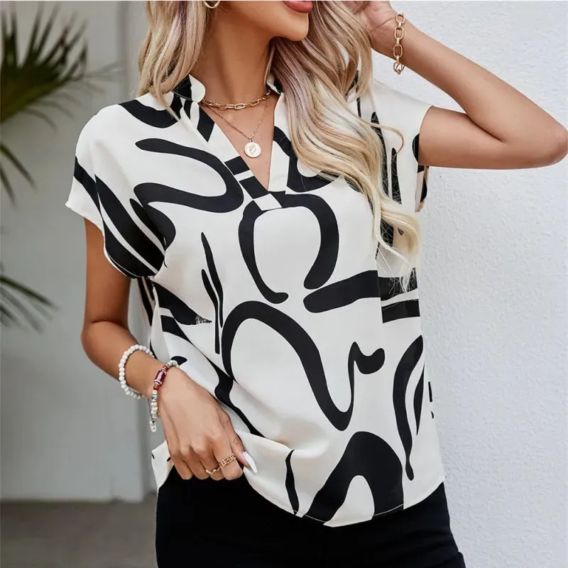 Chic Printed V-Neck Batwing Blouse for Women