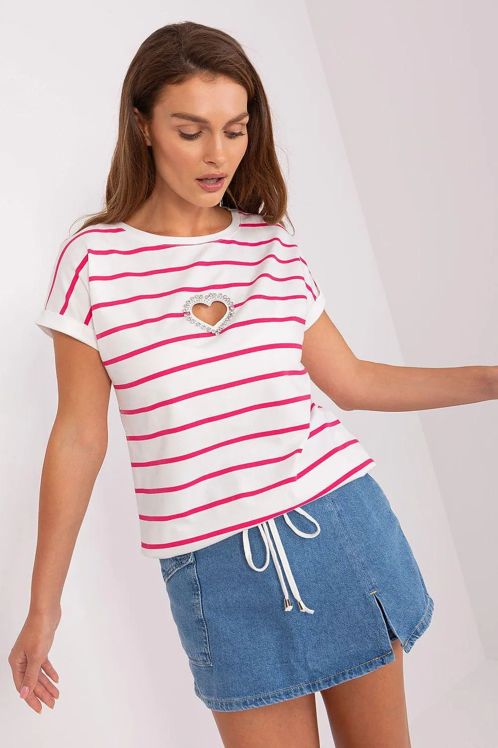 Chic Striped Blouse with Heart Rhinestone Detail