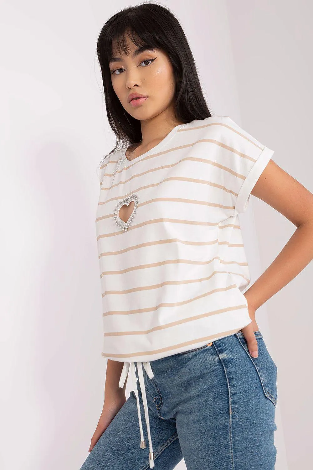 Chic Striped Blouse with Heart Rhinestone Detail