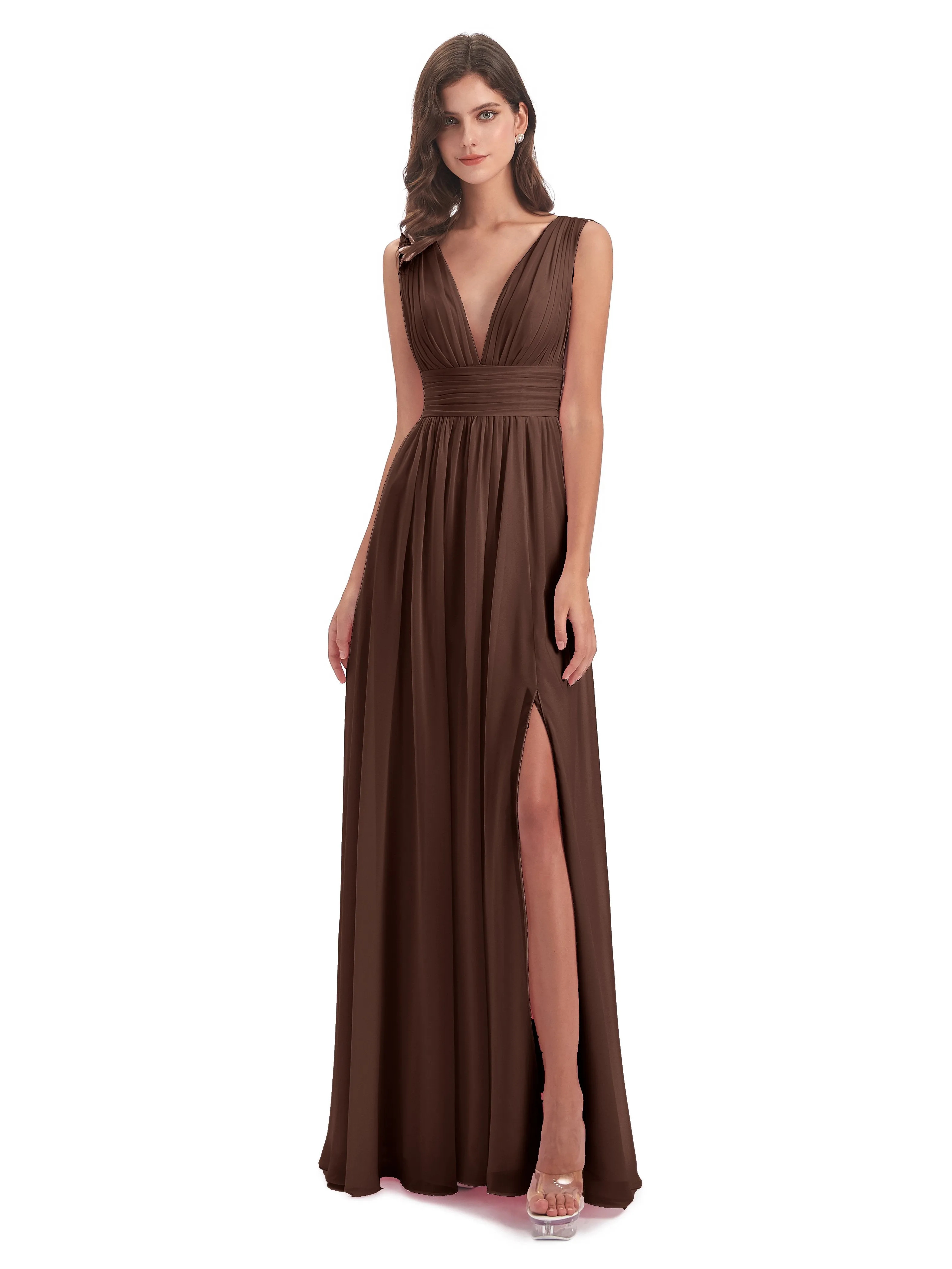 Chocolate Bridesmaid Dress Charming Chiffon V Neck Split Long Bridesmaid Dresses