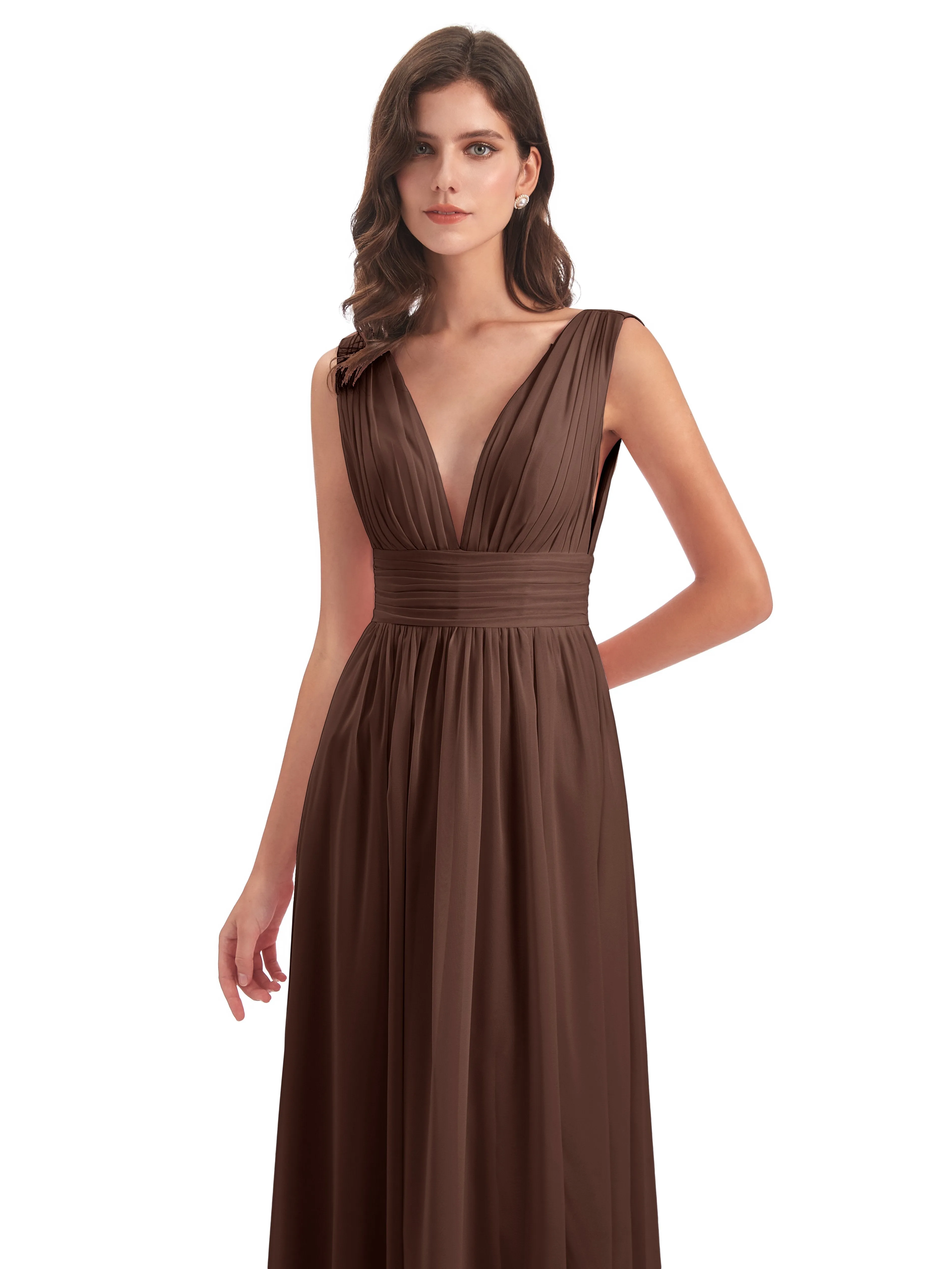 Chocolate Bridesmaid Dress Charming Chiffon V Neck Split Long Bridesmaid Dresses