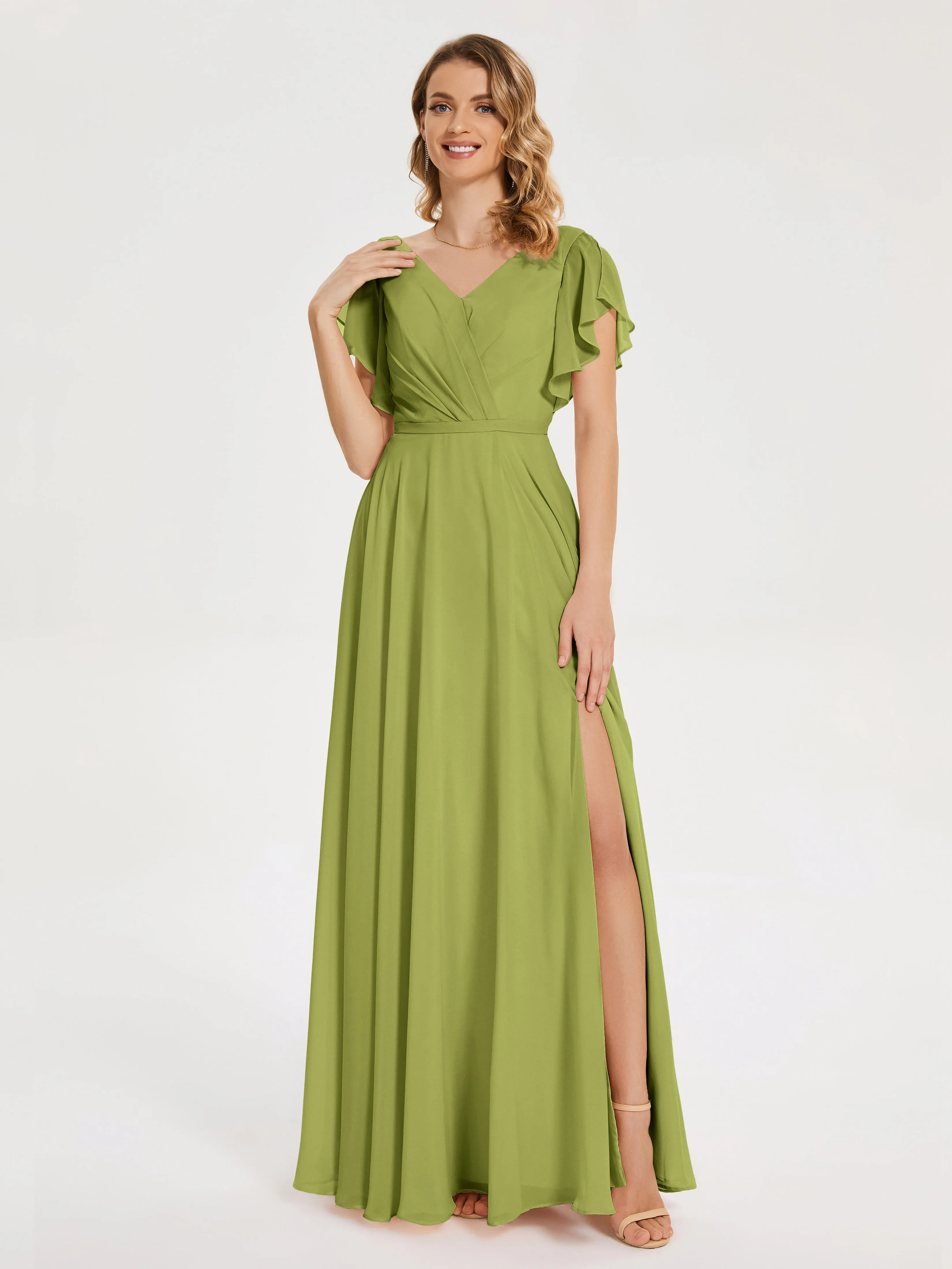 Clover Bridesmaid Dress Kate Charming V Neck Split Chiffon Bridesmaid Dresses