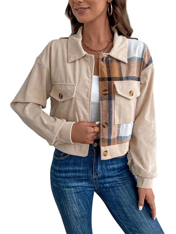 Cozy in Corduroy: Tan Plaid Crop Collar Jacket