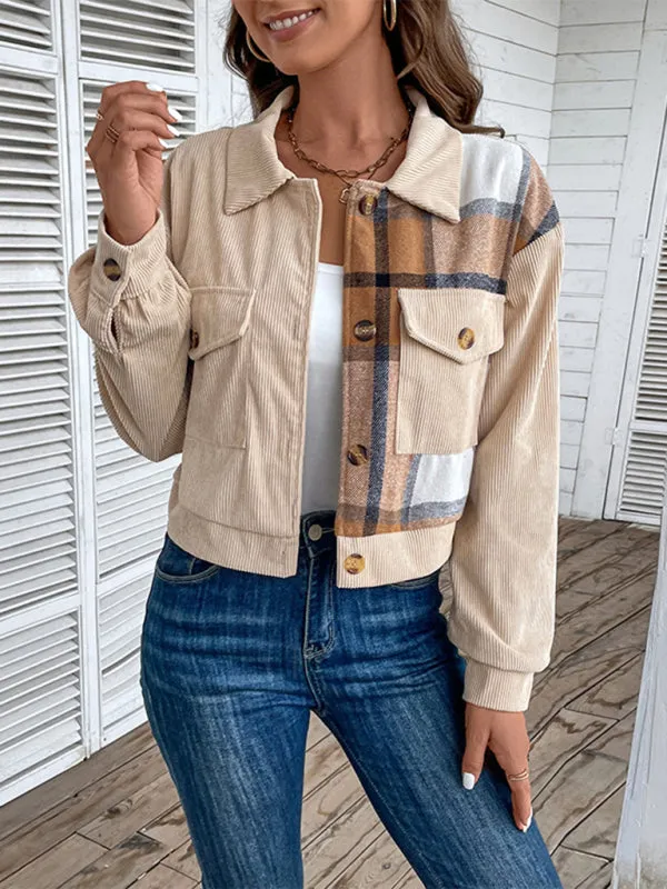 Cozy in Corduroy: Tan Plaid Crop Collar Jacket