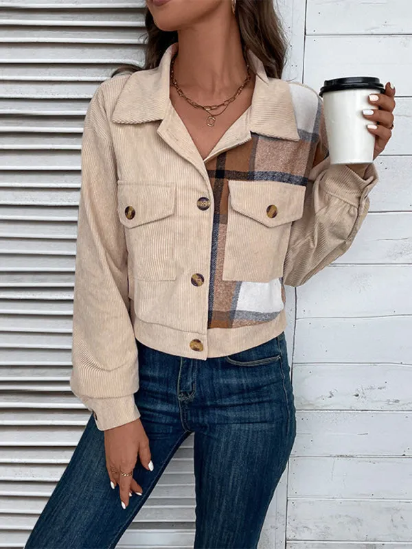 Cozy in Corduroy: Tan Plaid Crop Collar Jacket