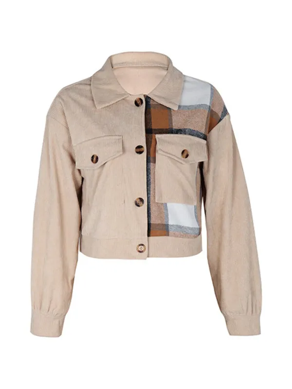 Cozy in Corduroy: Tan Plaid Crop Collar Jacket