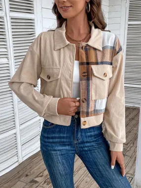 Cozy in Corduroy: Tan Plaid Crop Collar Jacket