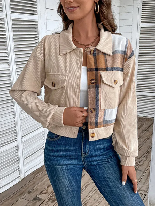 Cozy in Corduroy: Tan Plaid Crop Collar Jacket