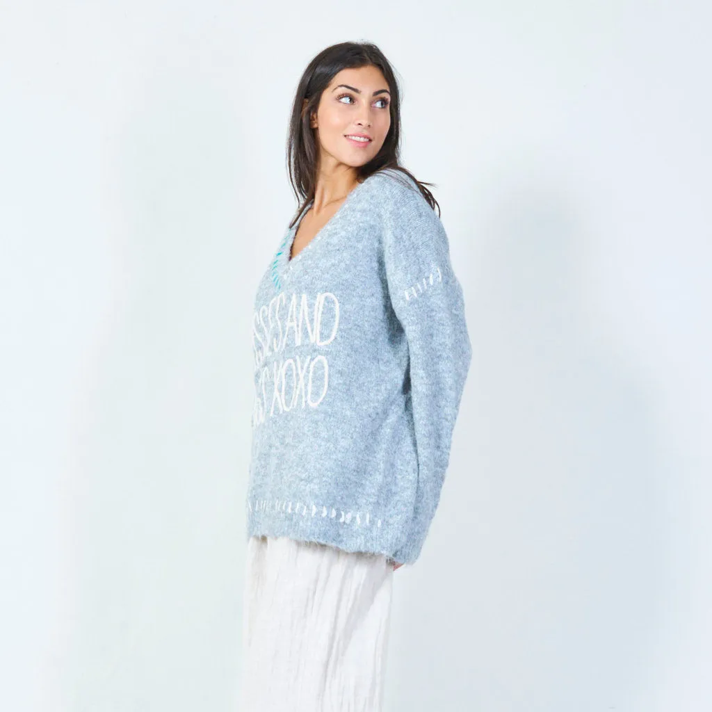 Embroidered v-neck oversized sweater wholesale