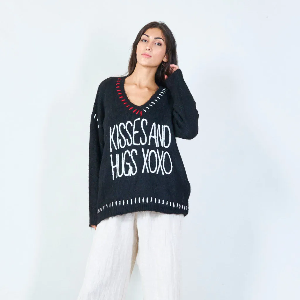 Embroidered v-neck oversized sweater wholesale