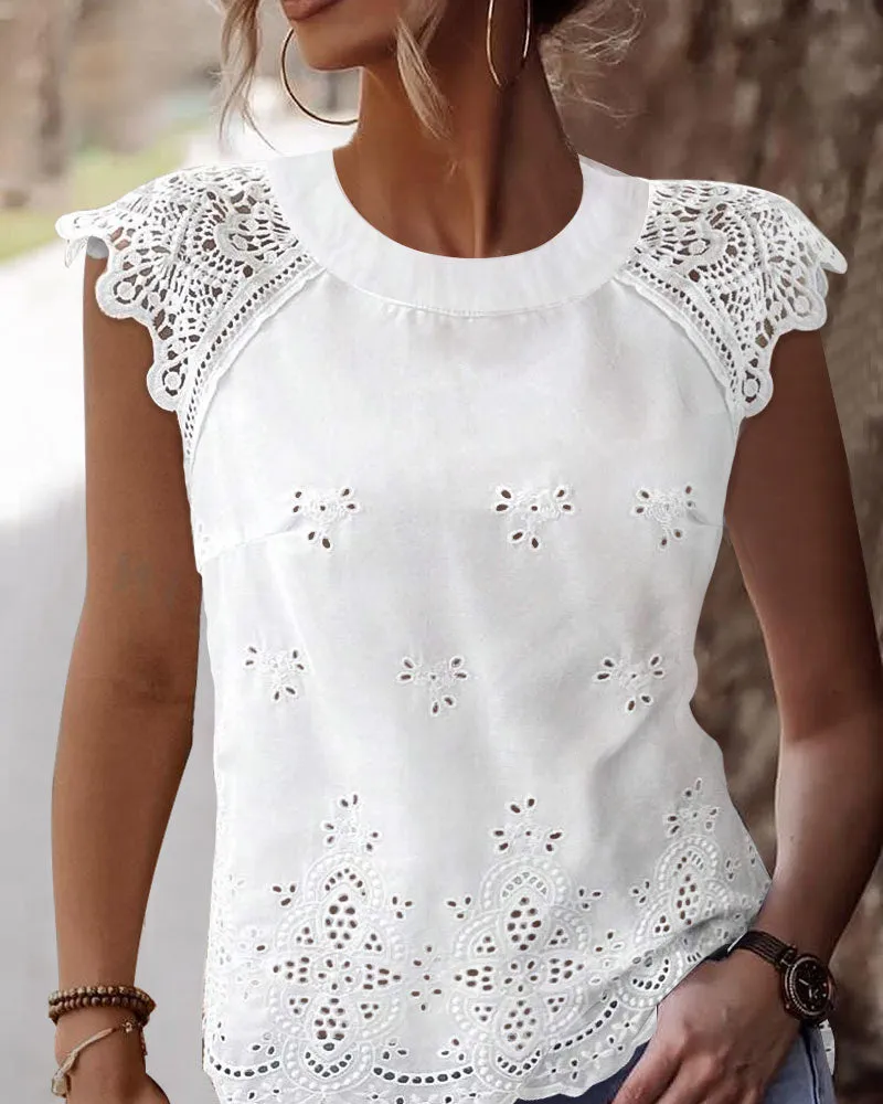 Eyelet Embroidery Hollow out Tied Detail Casual Top