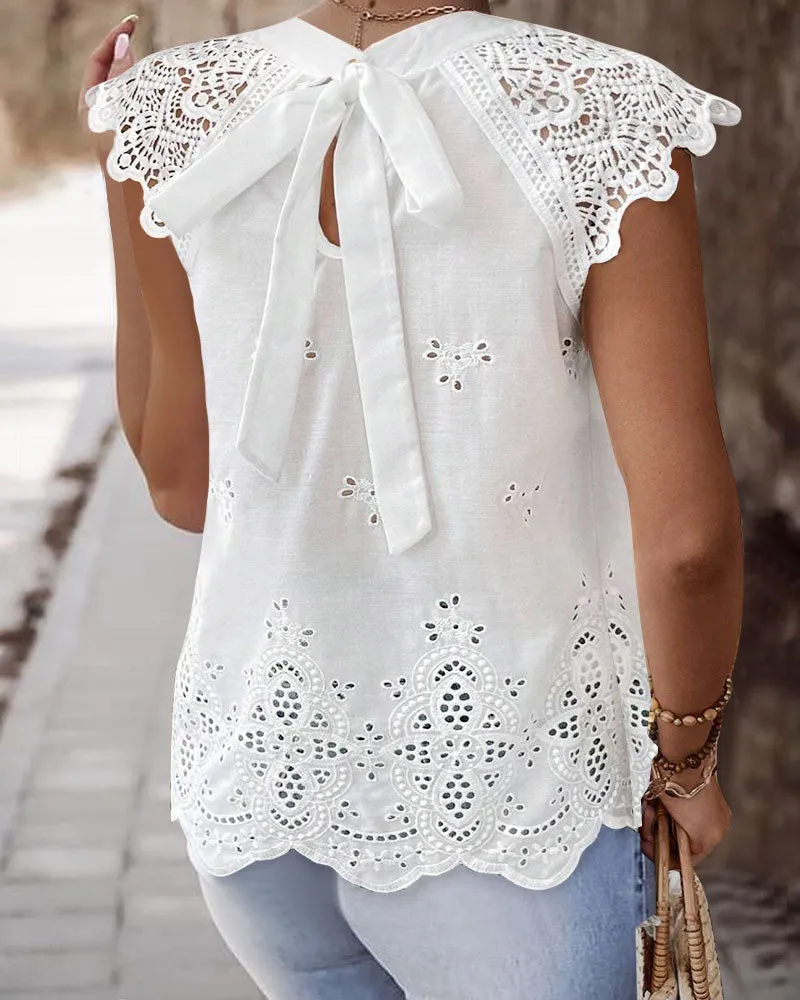 Eyelet Embroidery Hollow out Tied Detail Casual Top