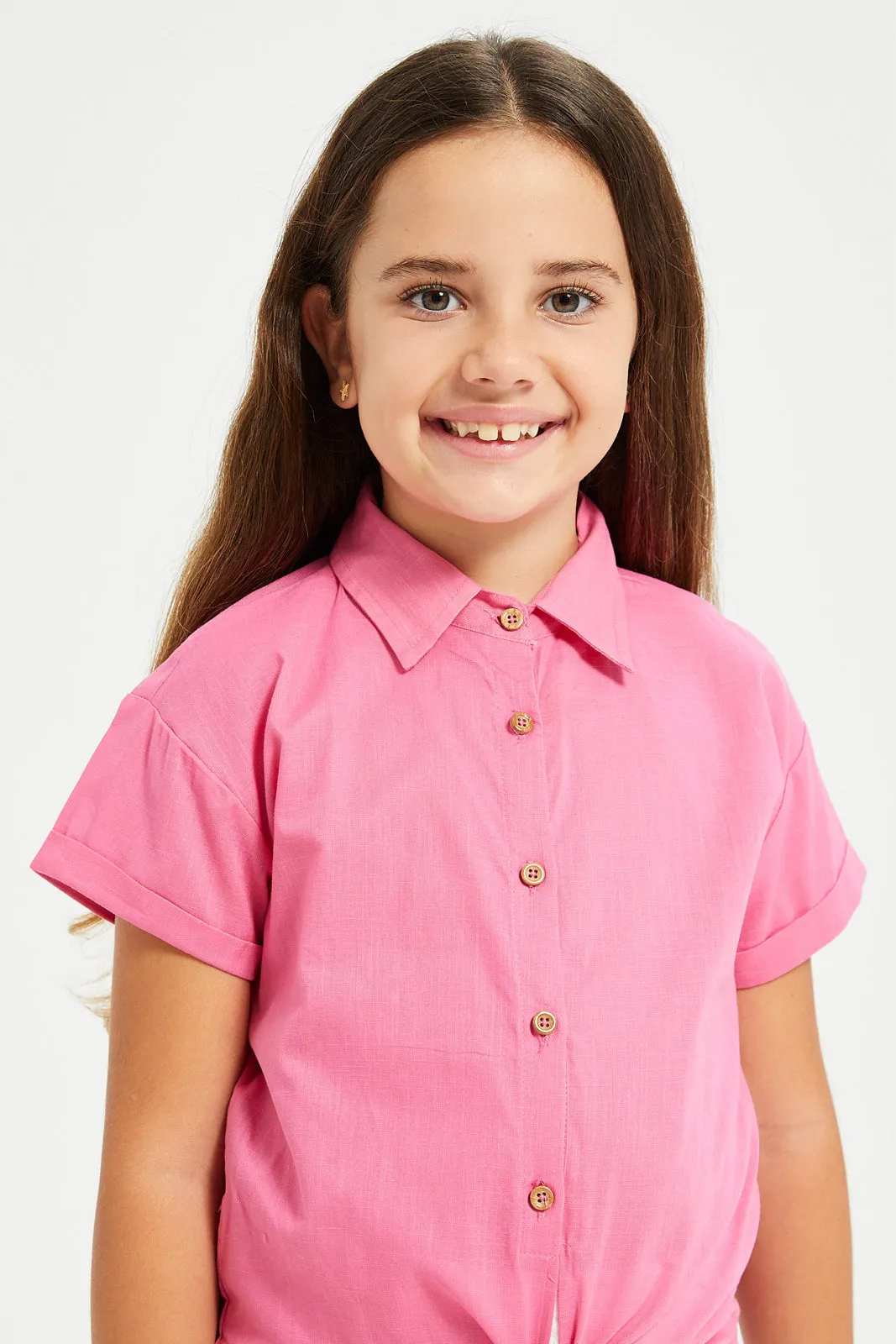 Girls Pink Front Open Shirt With Knot