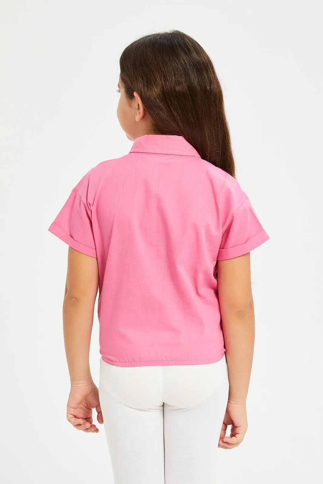 Girls Pink Front Open Shirt With Knot