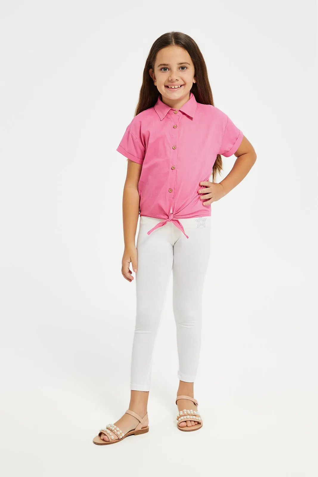 Girls Pink Front Open Shirt With Knot