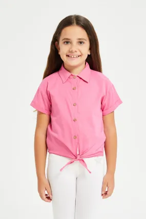 Girls Pink Front Open Shirt With Knot