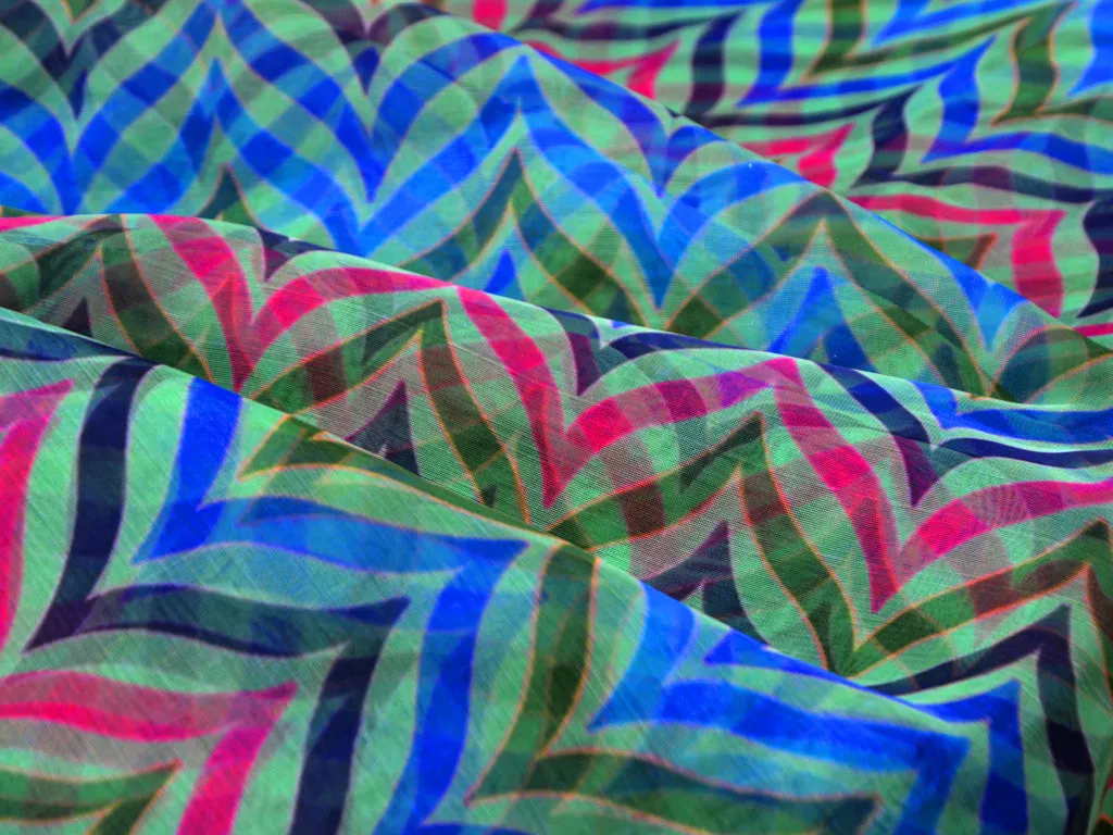 Green Multicolor Chevron Digital Printed Semi Organza Fabric