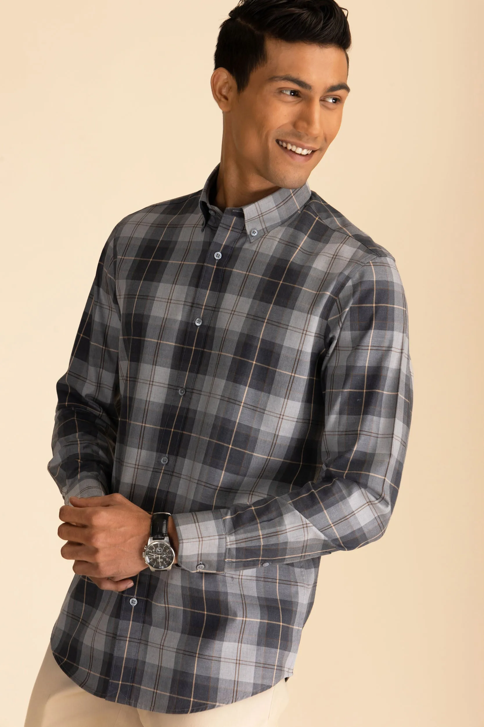 Grey Button-Down Check Shirt