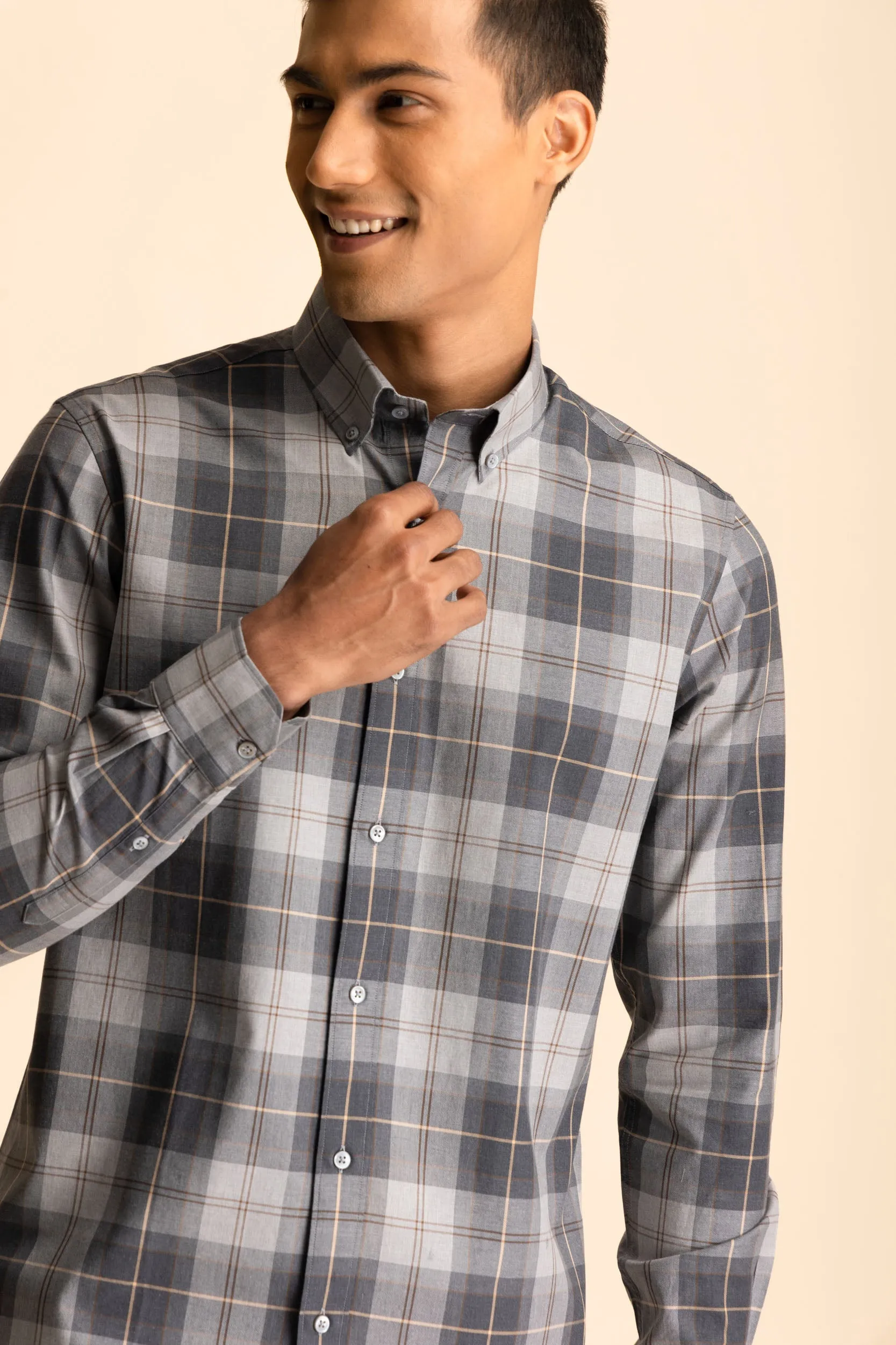 Grey Button-Down Check Shirt