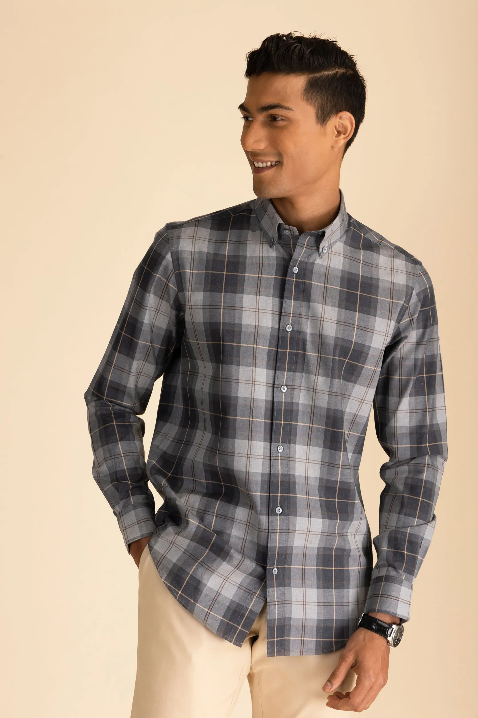 Grey Button-Down Check Shirt