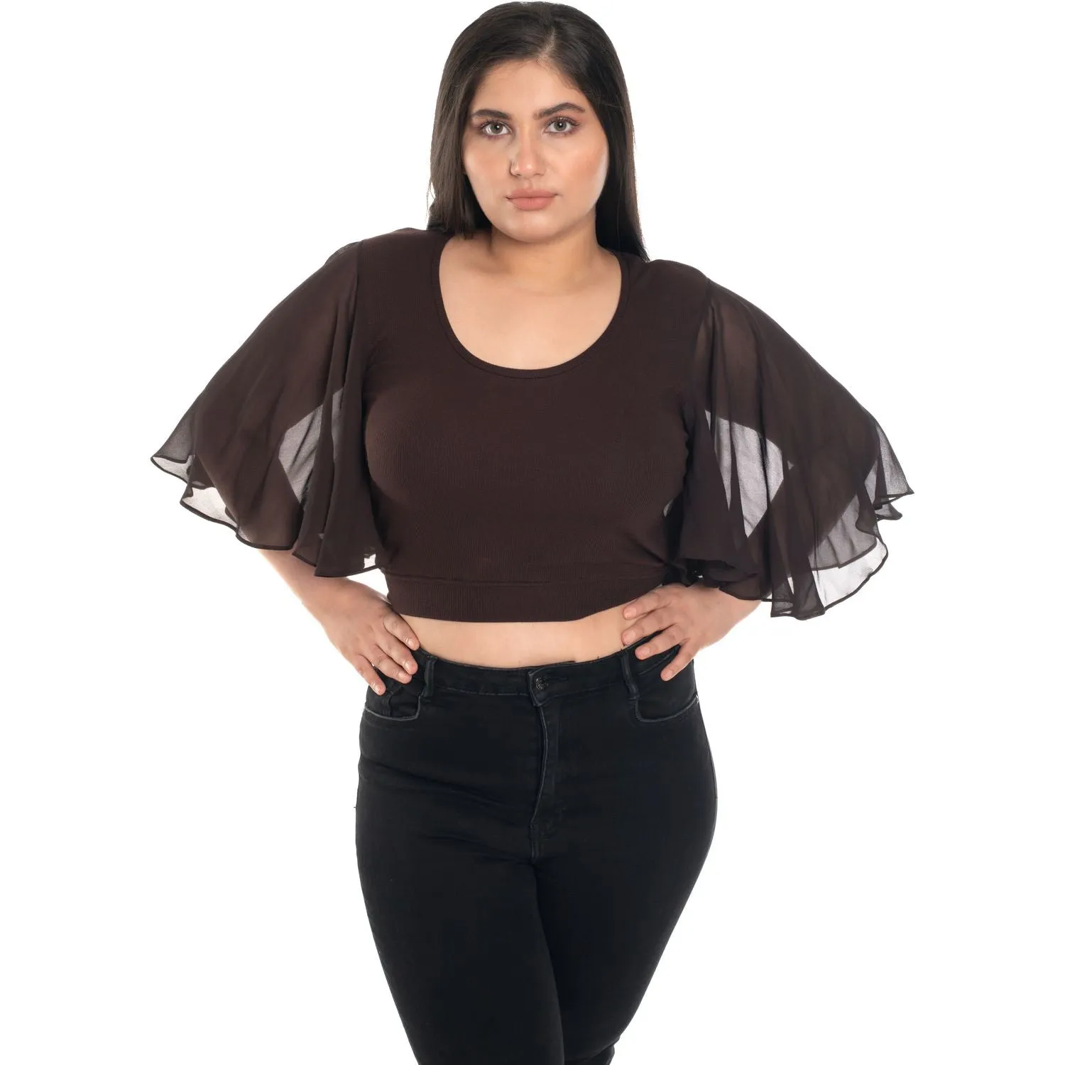 Hosiery Deep Neck Blouses - Butterfly Sleeves - Plus Size