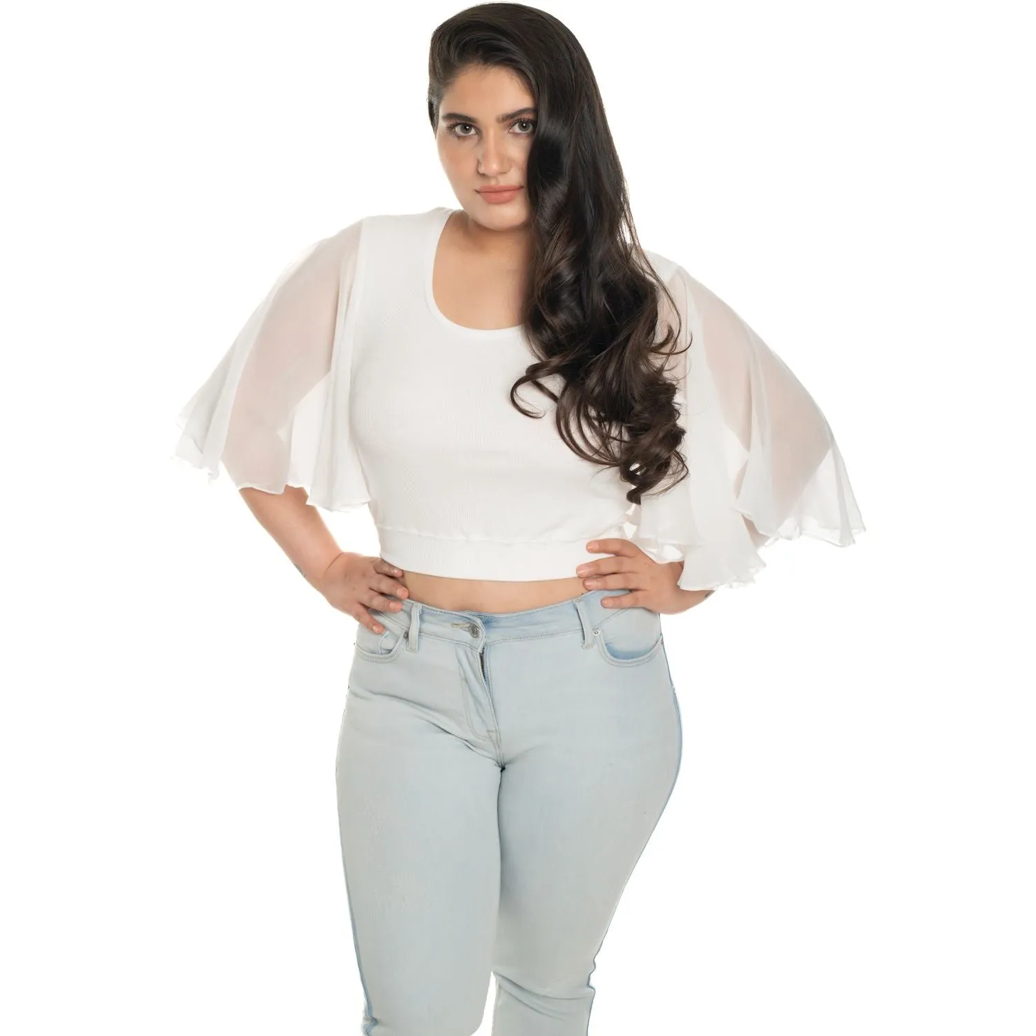 Hosiery Deep Neck Blouses - Butterfly Sleeves - Plus Size