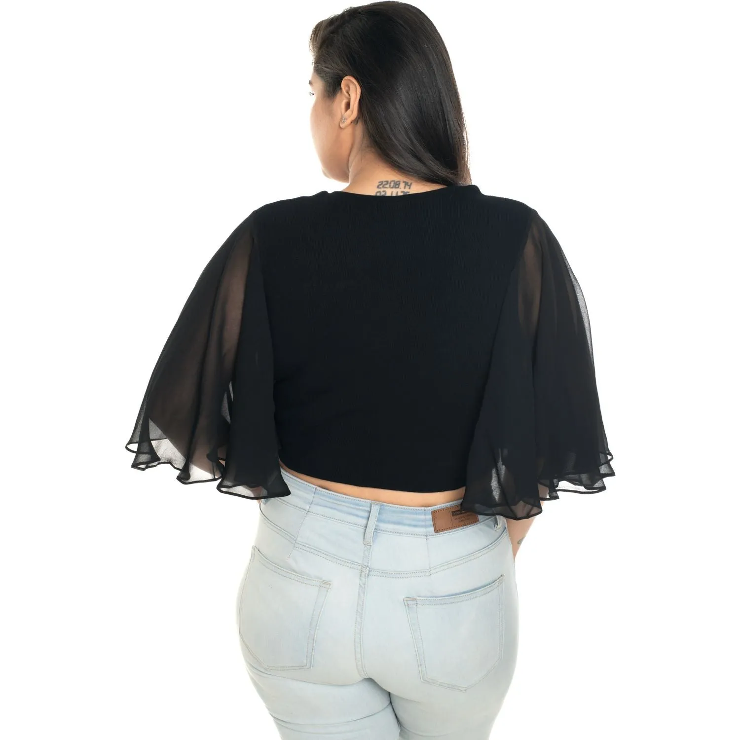 Hosiery Deep Neck Blouses - Butterfly Sleeves - Plus Size