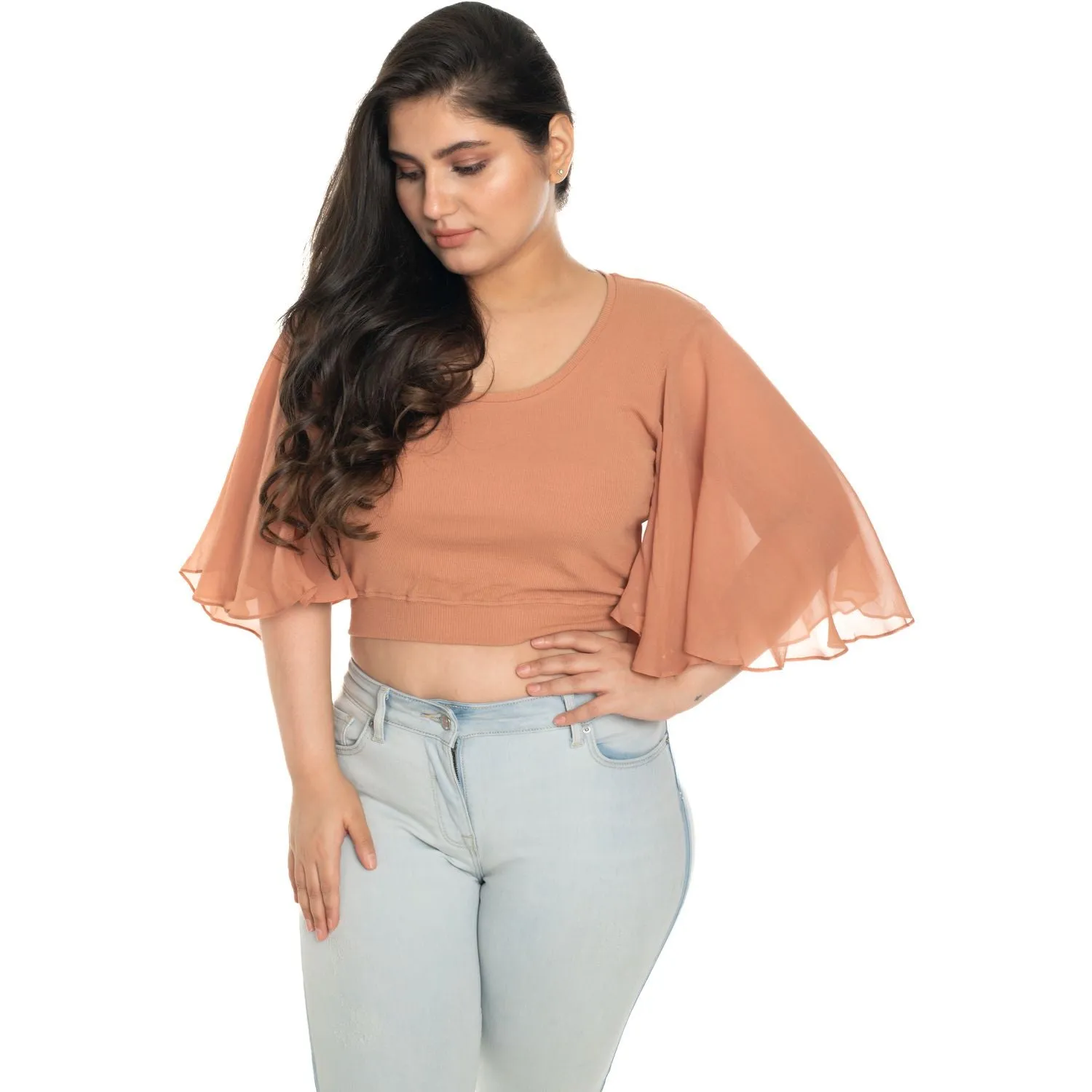 Hosiery Deep Neck Blouses - Butterfly Sleeves - Plus Size