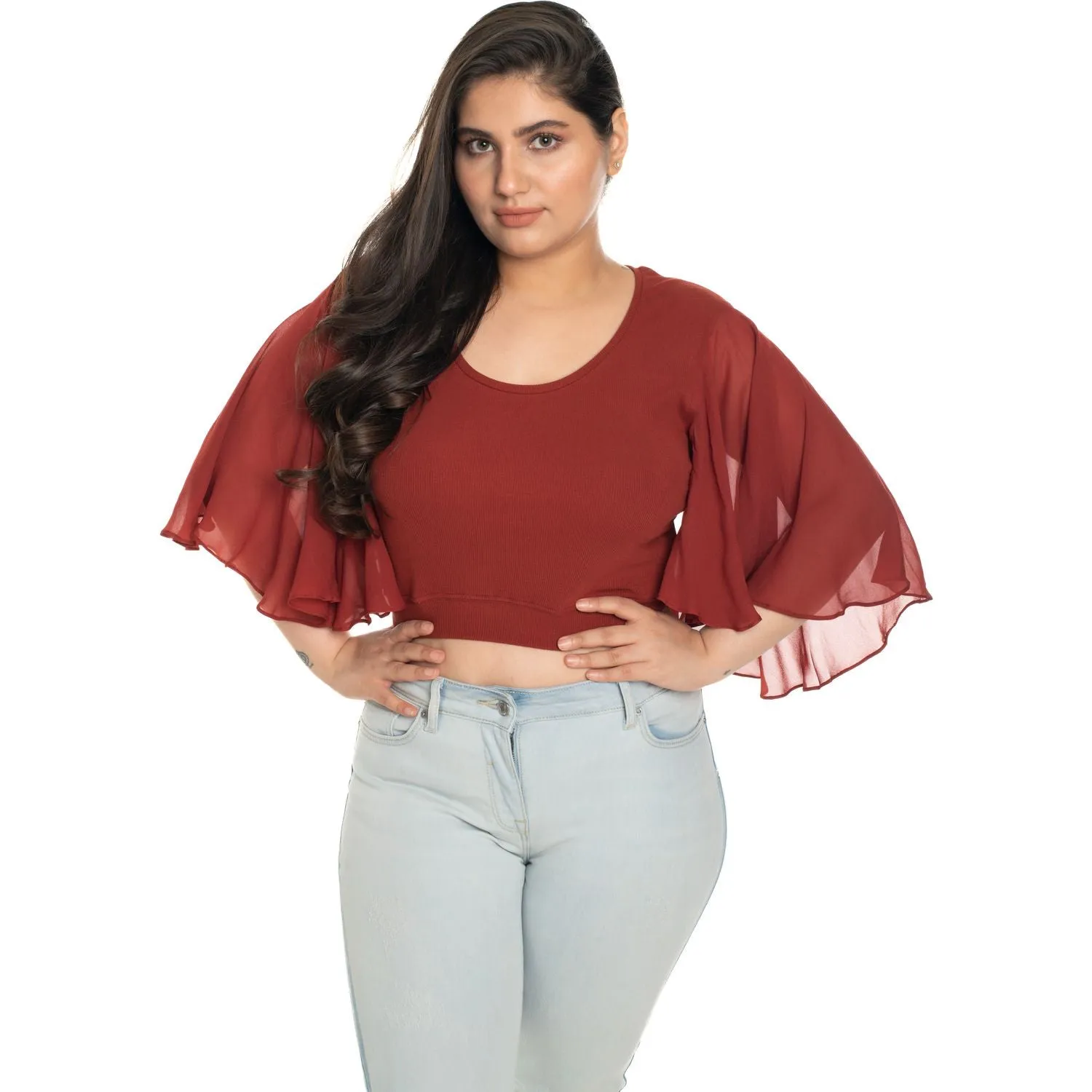 Hosiery Deep Neck Blouses - Butterfly Sleeves - Plus Size