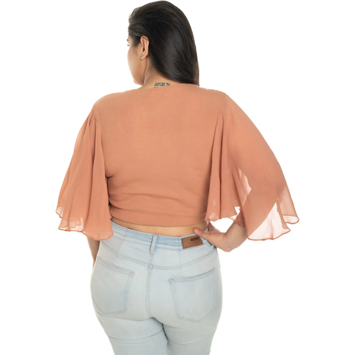 Hosiery Deep Neck Blouses - Butterfly Sleeves - Plus Size