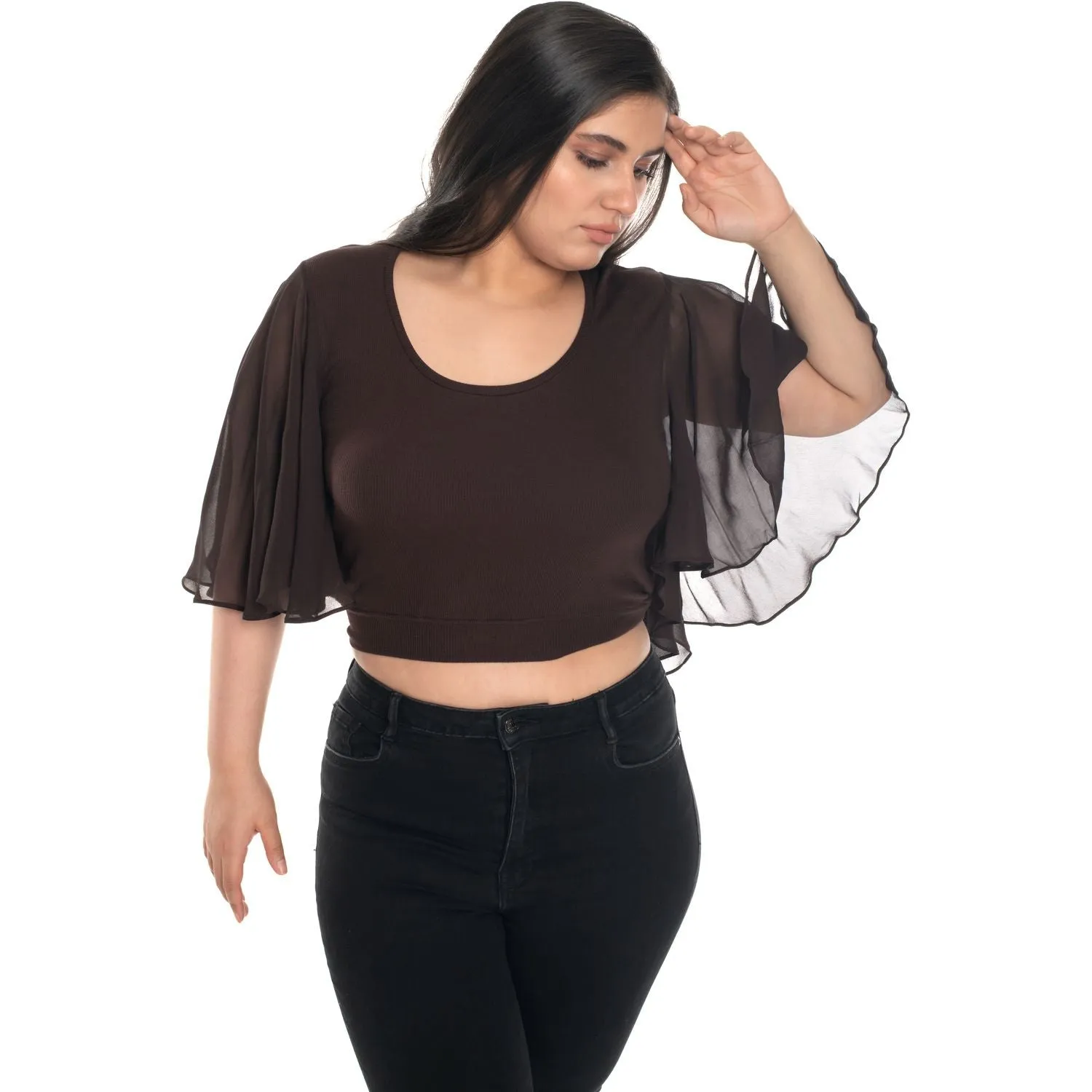 Hosiery Deep Neck Blouses - Butterfly Sleeves - Plus Size