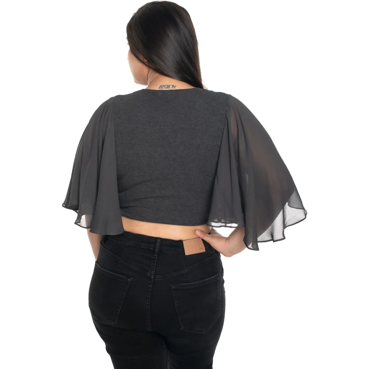 Hosiery Deep Neck Blouses - Butterfly Sleeves - Plus Size